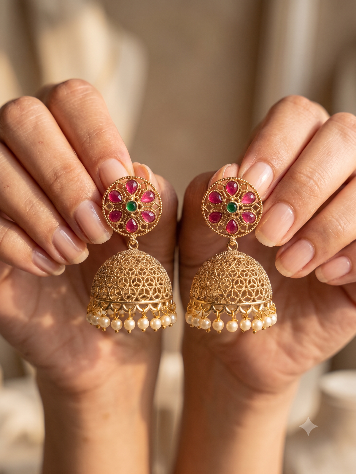 Pakistani Ruby, Emerald Gold Filigree Polki Jhumka with Pearl Roz Jewellers.