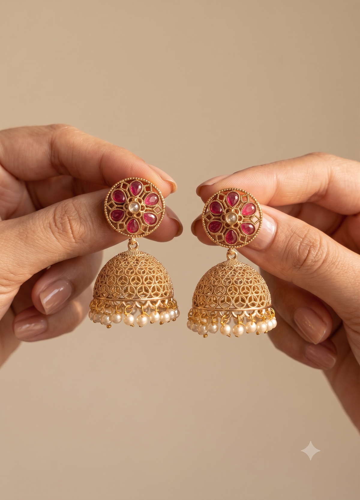 Royal Ruby Teardrop with Gold Filigree Polki Jhumkas with Pearl Roz Jewellers.