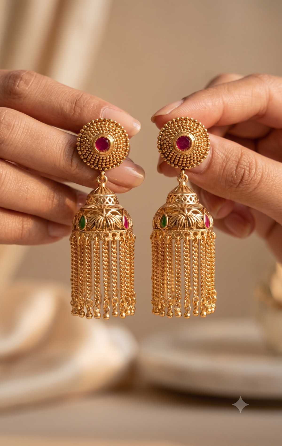 Fringe Royal Ruby Polki Jhumkas with Emerald For Women Roz Jewellers.