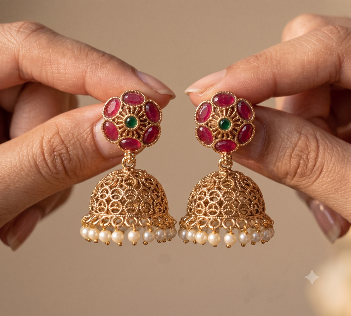 Floral Motif Ruby Oval Polki Pearl Earrings For Women Roz Jewellers.