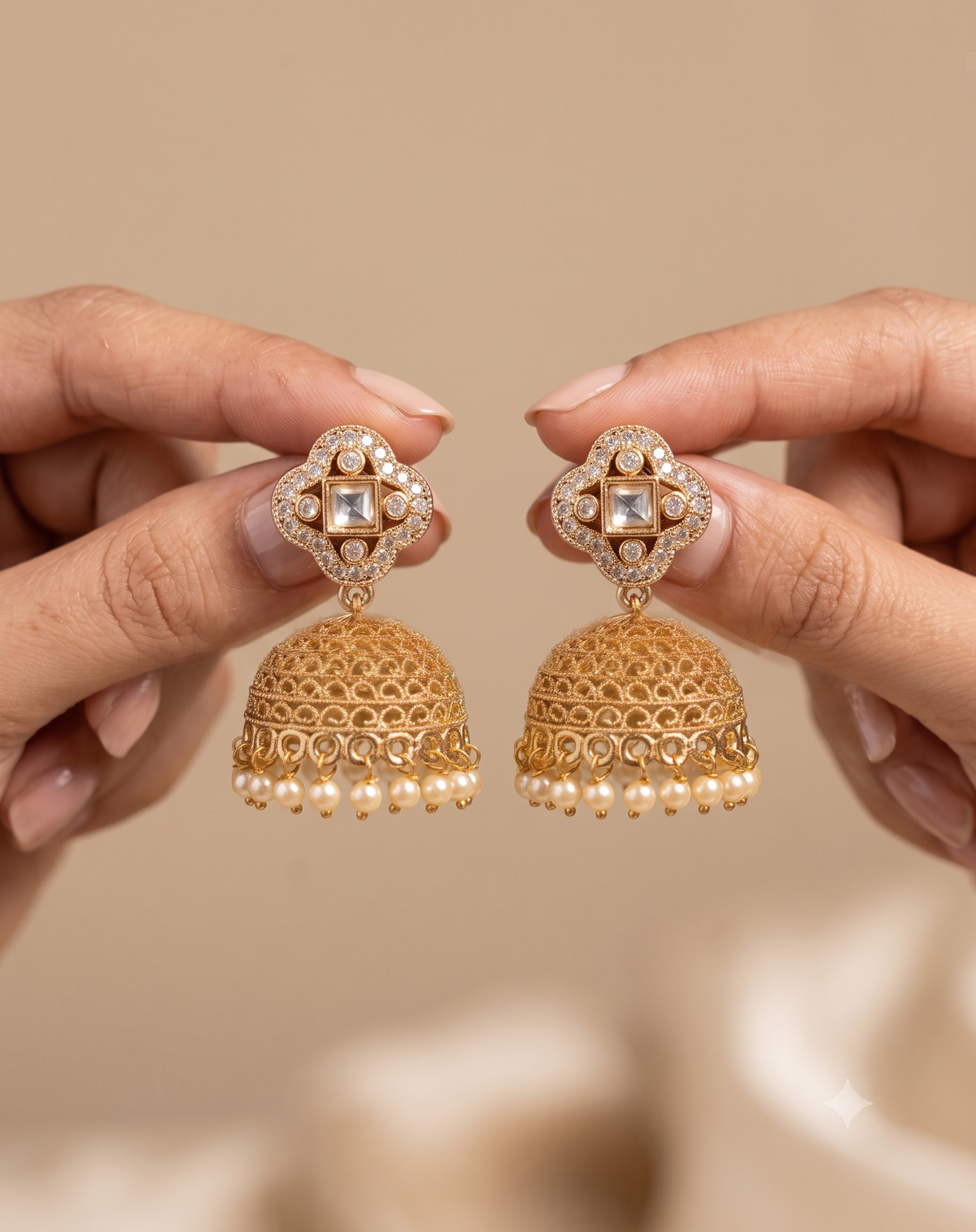 Pakistani Floral Pearl, Polki Stones Earrings For Women Roz Jewellers.