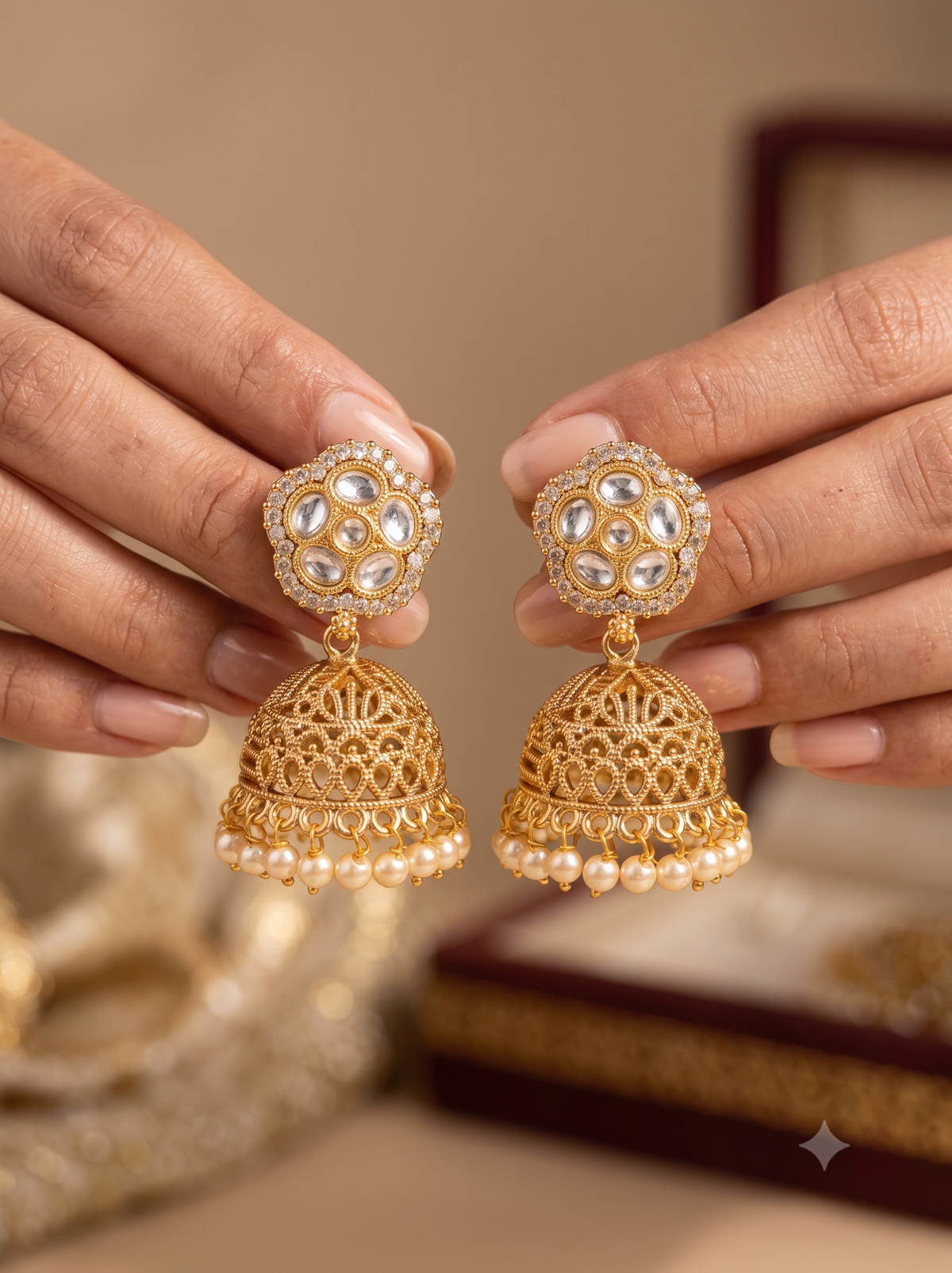 Traditional Pearl and Polki Stones Jhumas For Women Jewellery Roz Jewellers.