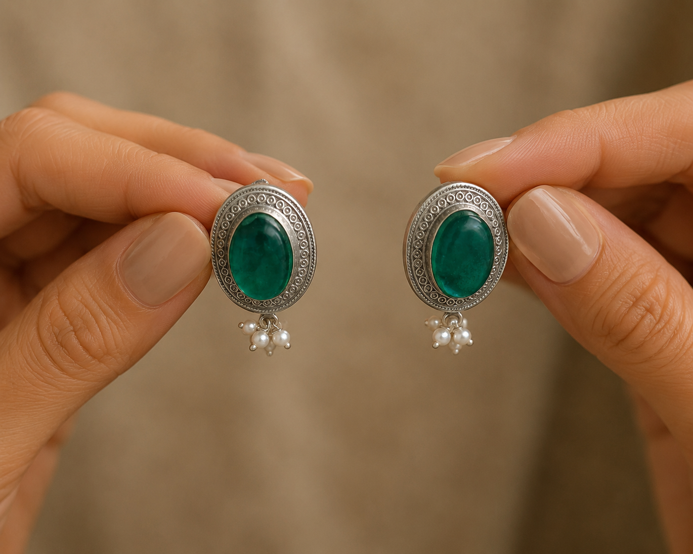 Emerald Glow Oxidized Silver Stud Kundan Earrings with Pearl Drops Roz Jewellers.