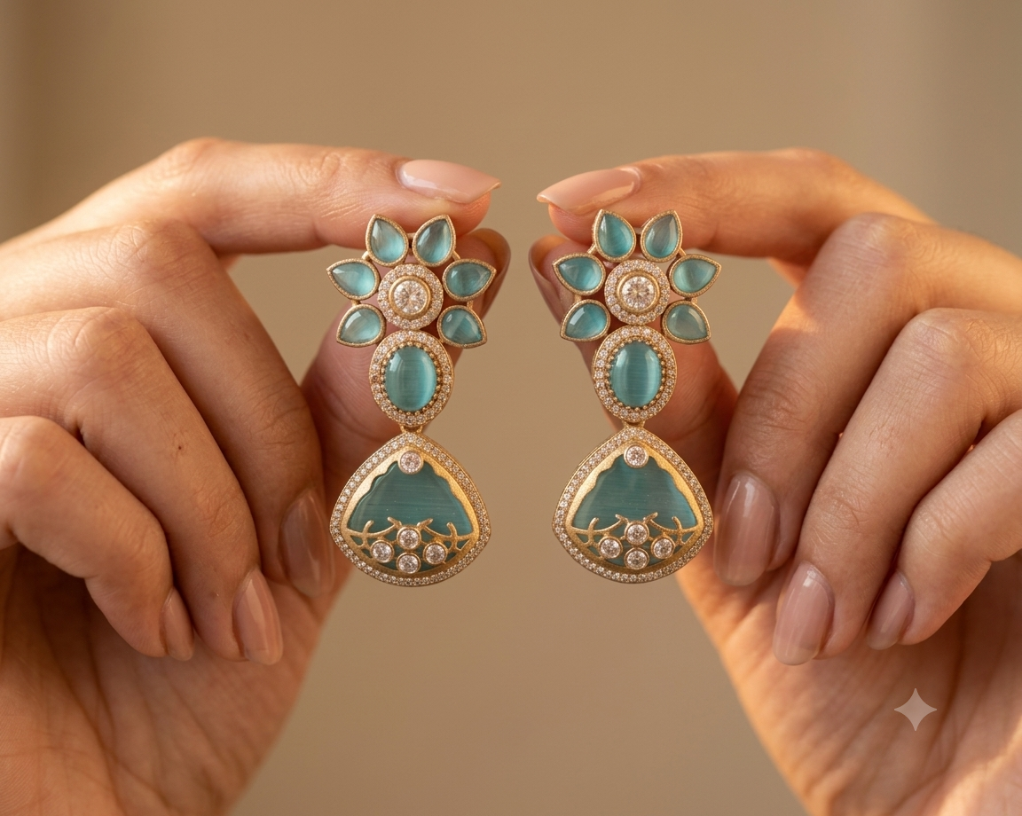 Waniya Indian Aqua Blue Kundan Floral Drop Inlay Earrings Roz Jewellers.