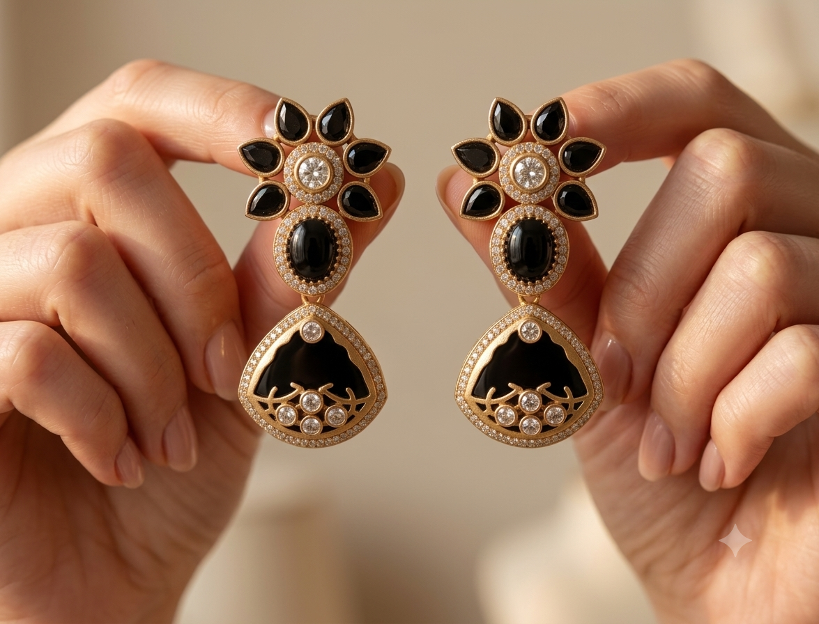 Nawra Wedding, Festive Black Kundan Floral Drop Inlay Earrings Roz Jewellers.