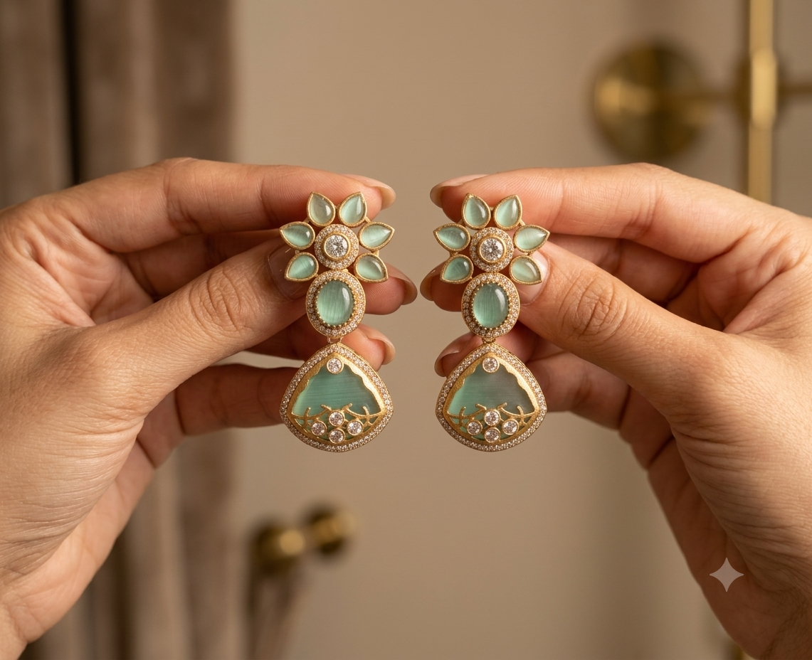 Ferozah Pakistani Mint Green Kundan Floral Drop Inlay Earrings Roz Jewellers.