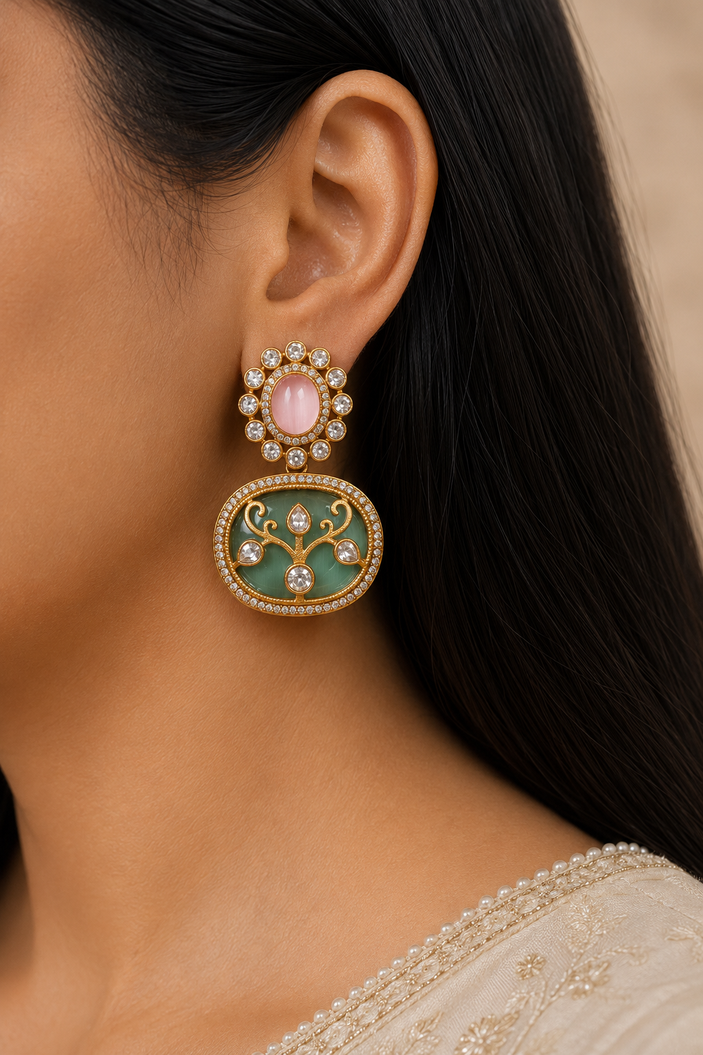 Liyana Pakistani Blush Pink and Mint Green Pastel Necklace Set Roz Jewellers.