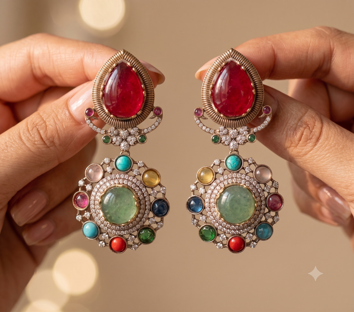 Gold-Finish Moissanite Ruby Red and Pale Green Drop Earrings ROZ Jewellers.