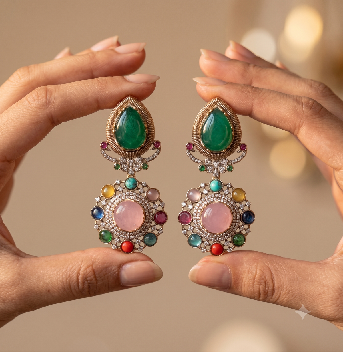 Gold-Finish Moissanite Emerald Green and Blush Pink Drop Earrings ROZ Jewellers