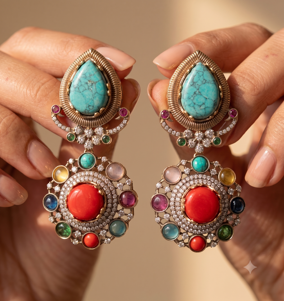 Traditional Gold-Finish Moissanite Blue and Red Drop Earrings ROZ Jewellers