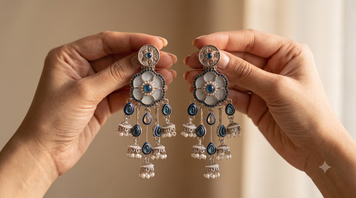 Navy Blue Moissanite Floral Earrings Indian Ethnic Chandelier Wedding For Women Roz Jewellers