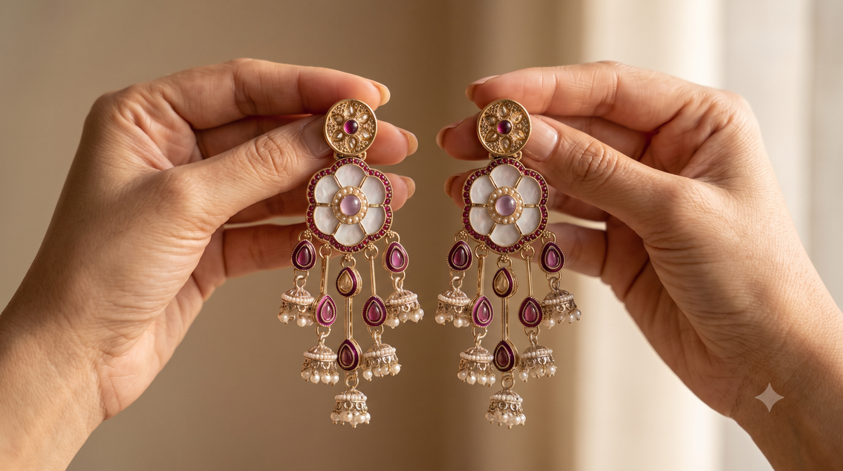 White Purple Moissanite Long Dangle Earrings Floral Stone Pearl Embellished Roz Jewellers