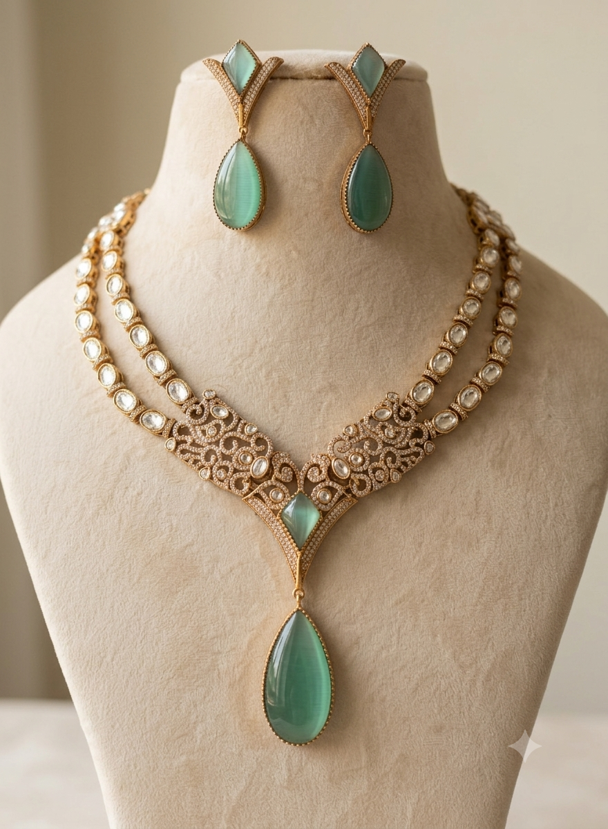 Eshal Handcrafted Mint Green Kundan Necklace with Teardrop Roz Jewellers