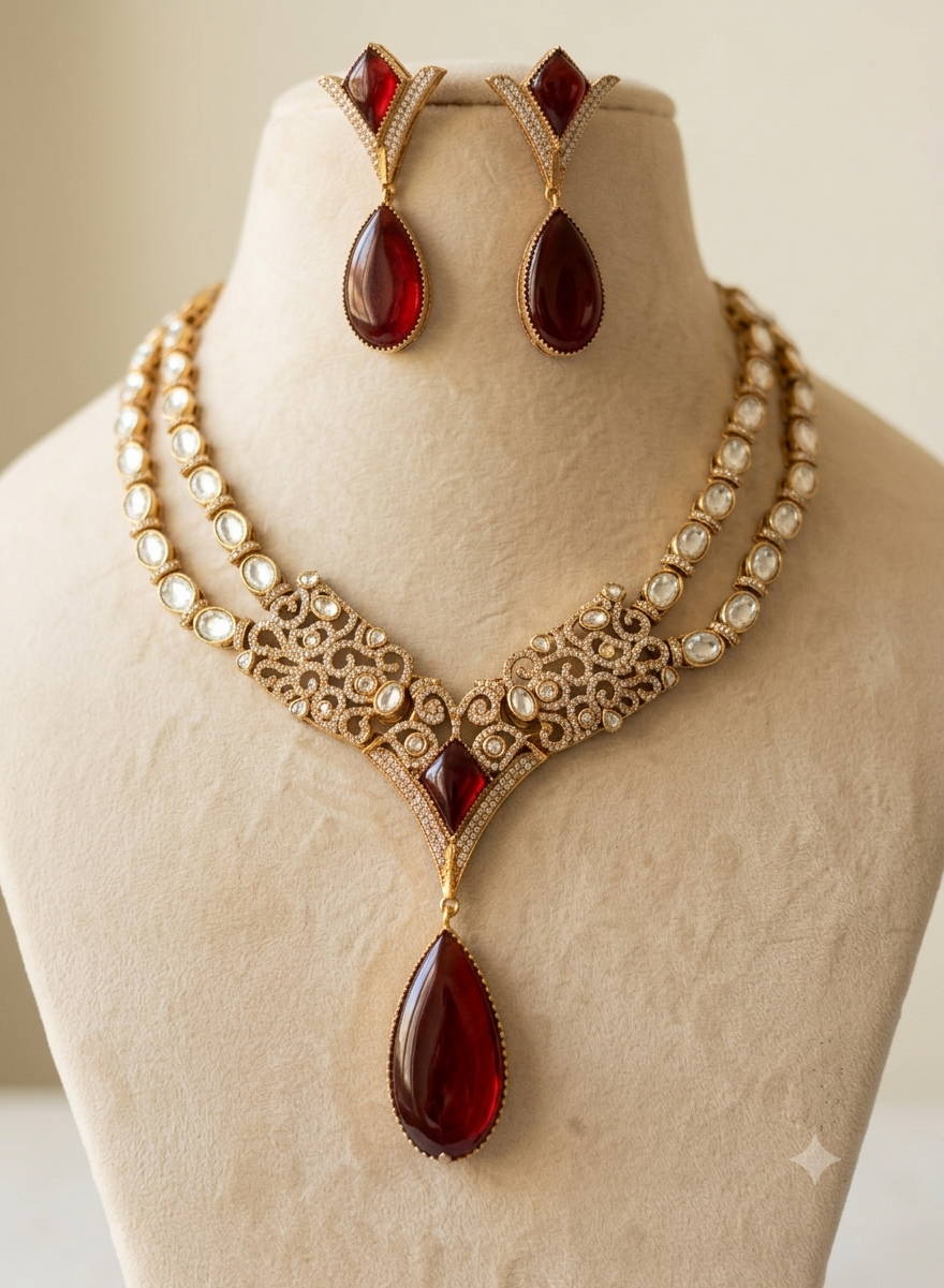 Ayra Pakistani Design Ruby Red Kundan Necklace with Teardrop Roz Jewellers.