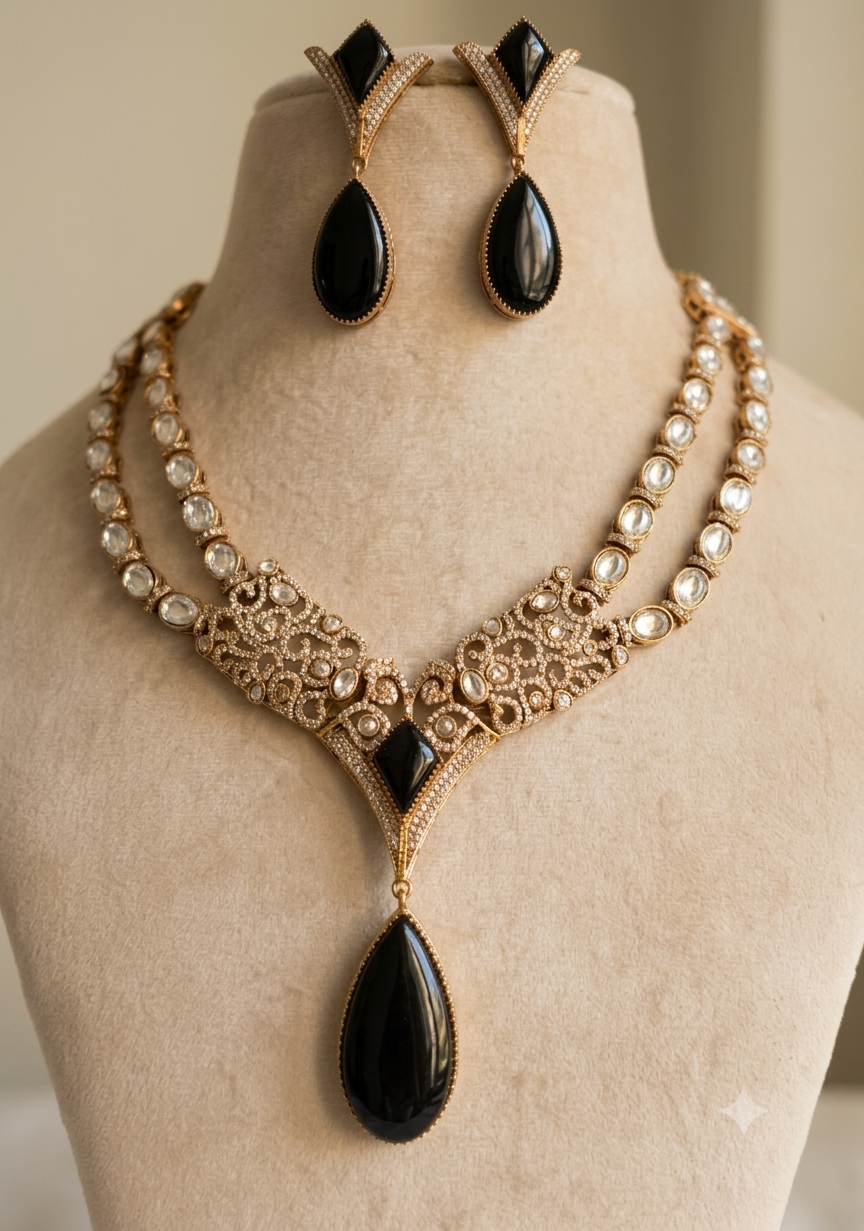 Mehar Indian Bridal Black Onyx Kundan Necklace Set Roz Jewellers.