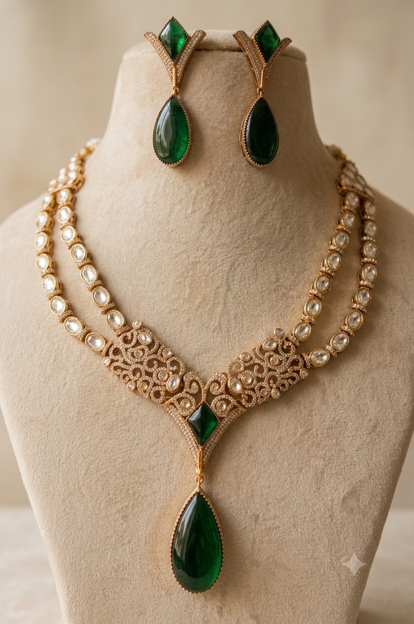 Aabish Indian Royal Emerald Green Kundan Teardrop Necklace Set Roz Jewellers.