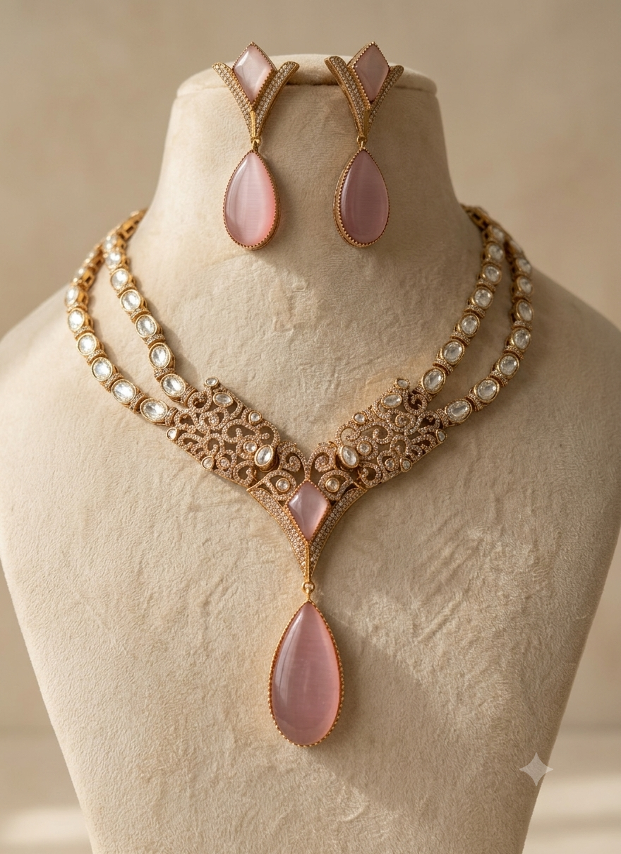 Bilqis Pakistani Handmade Blush Pink Kundan Teardrop Necklace Set Roz Jewellers.