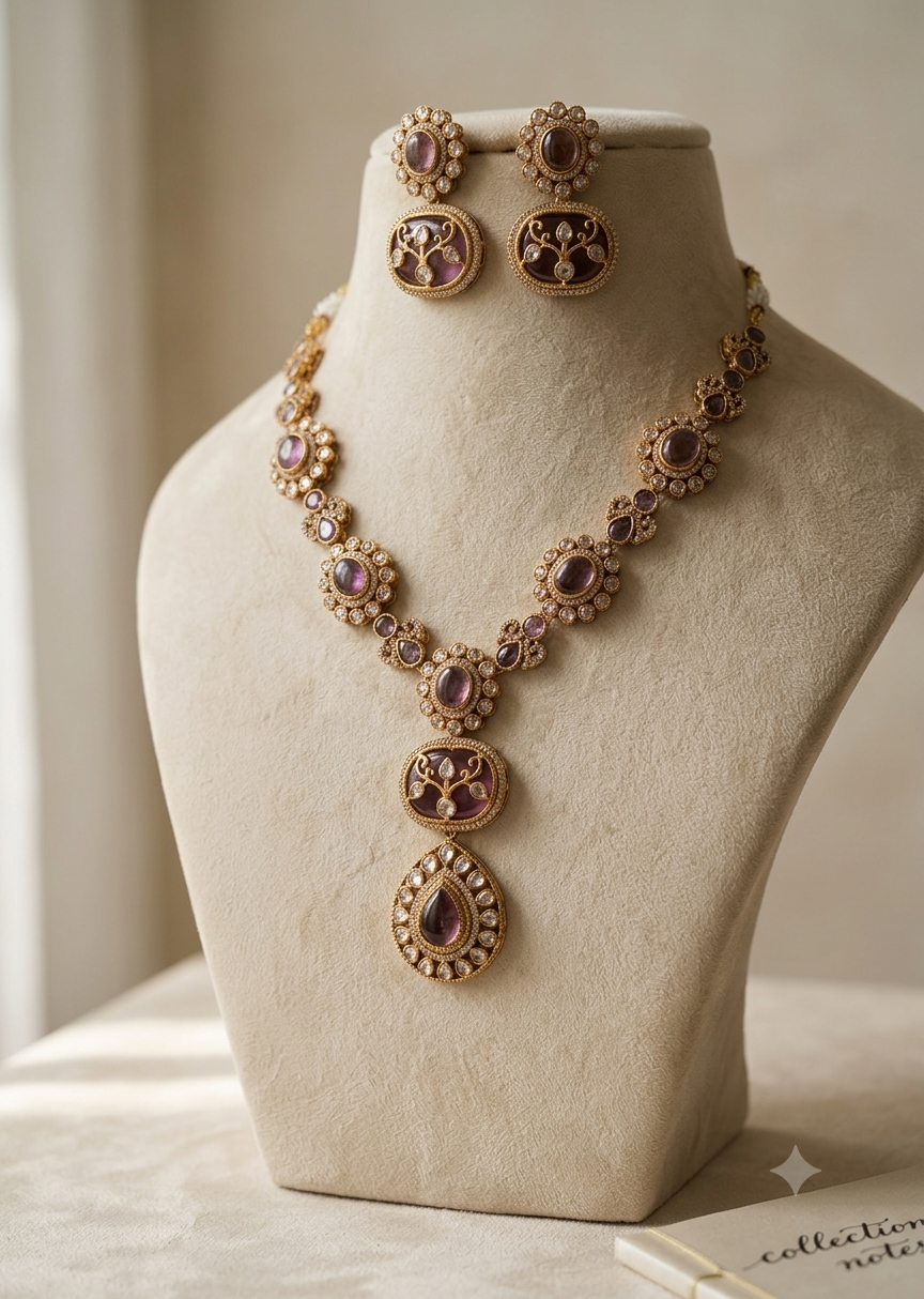 Inara Heavy Handmade Royal Maroon Kundan Necklace Set Roz Jewellers.