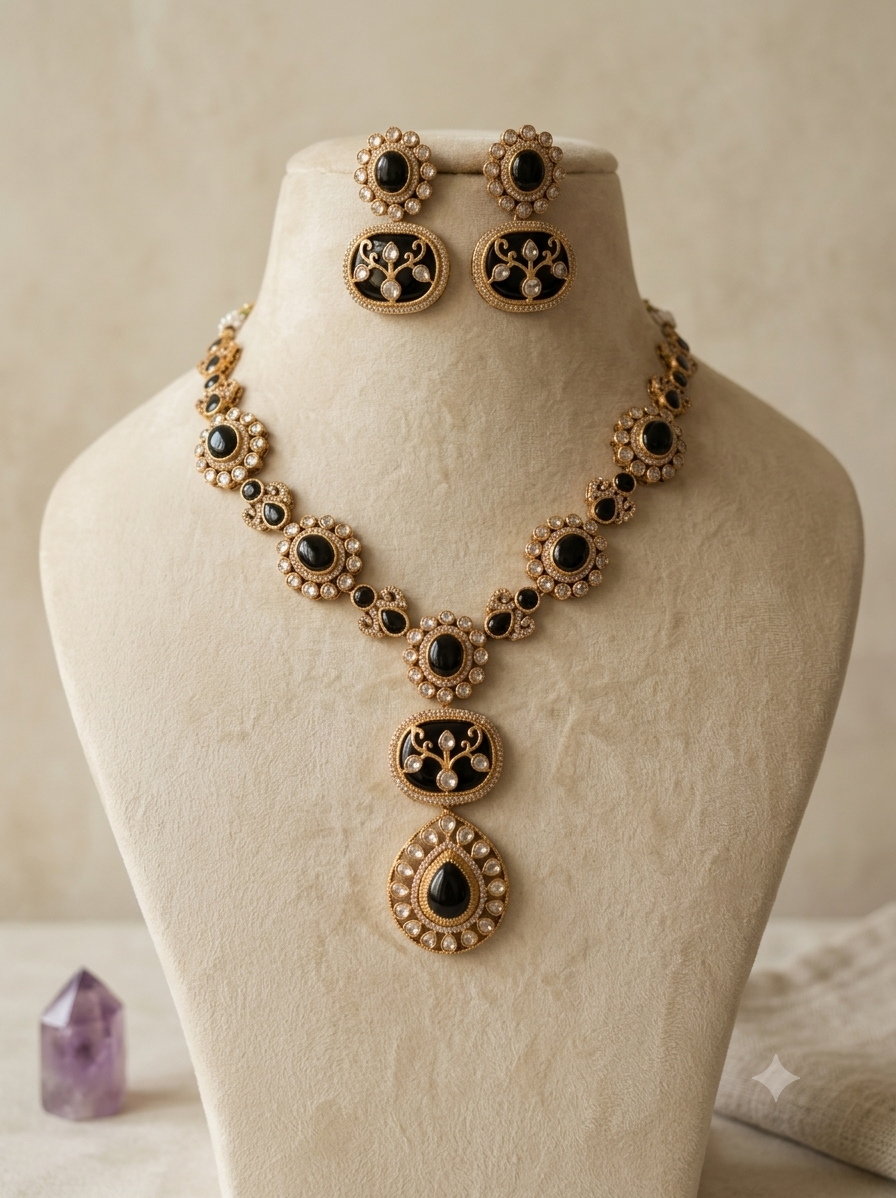 Momina Wedding Guest Jewelry Black Onyx, Kundan Statement Necklace Roz Jewellers
