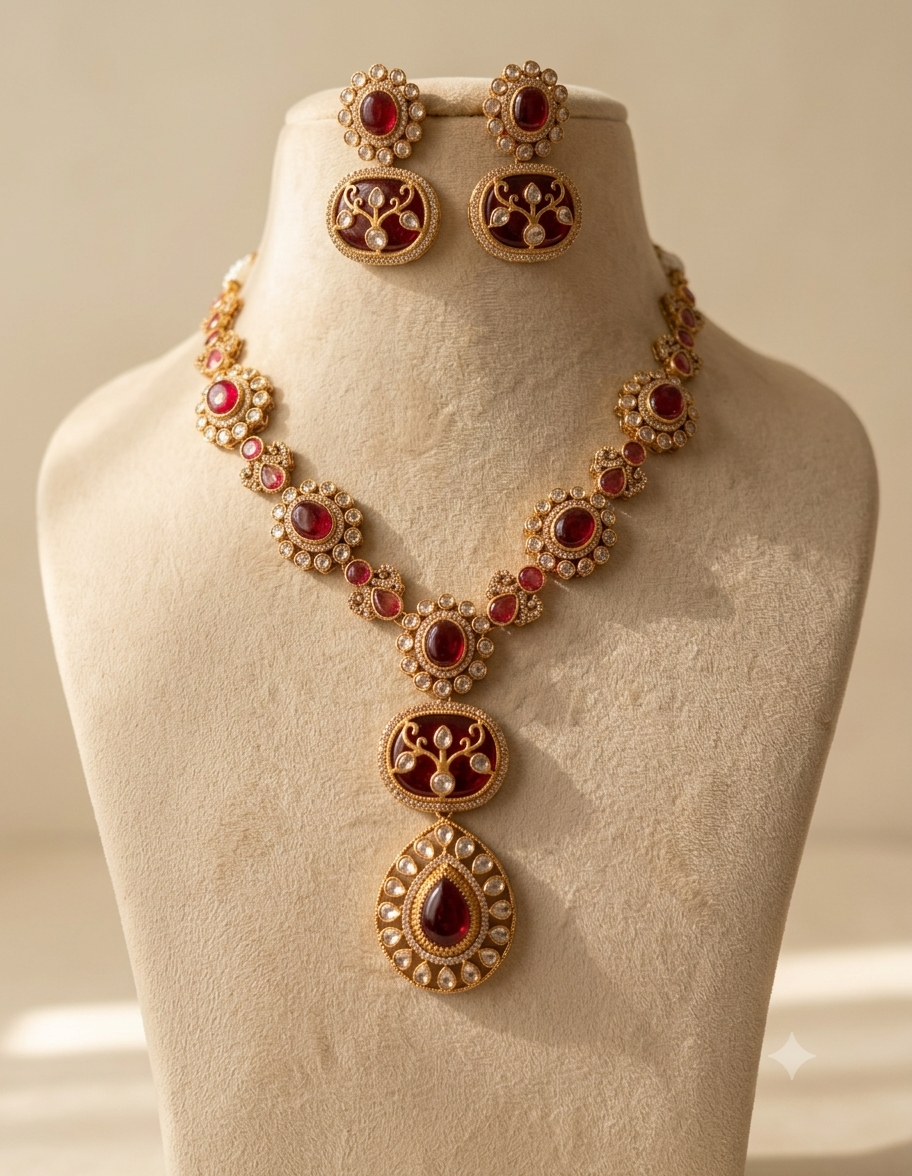 Rubaisa Pakistani Ruby Red Designer Necklace Set Roz Jewellers.