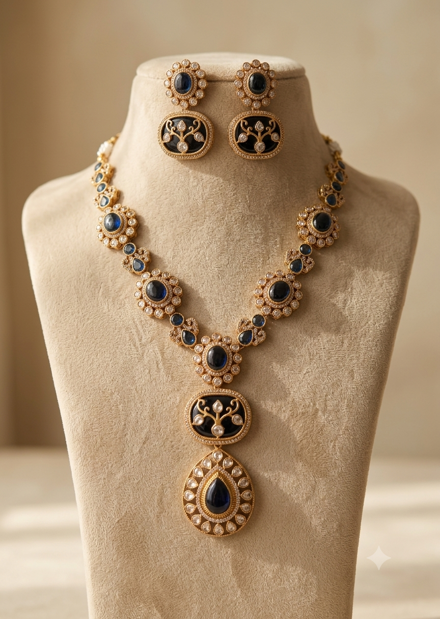 Anam Dark Blue Kundan Wedding, Reception Necklace Set Roz Jewellers.