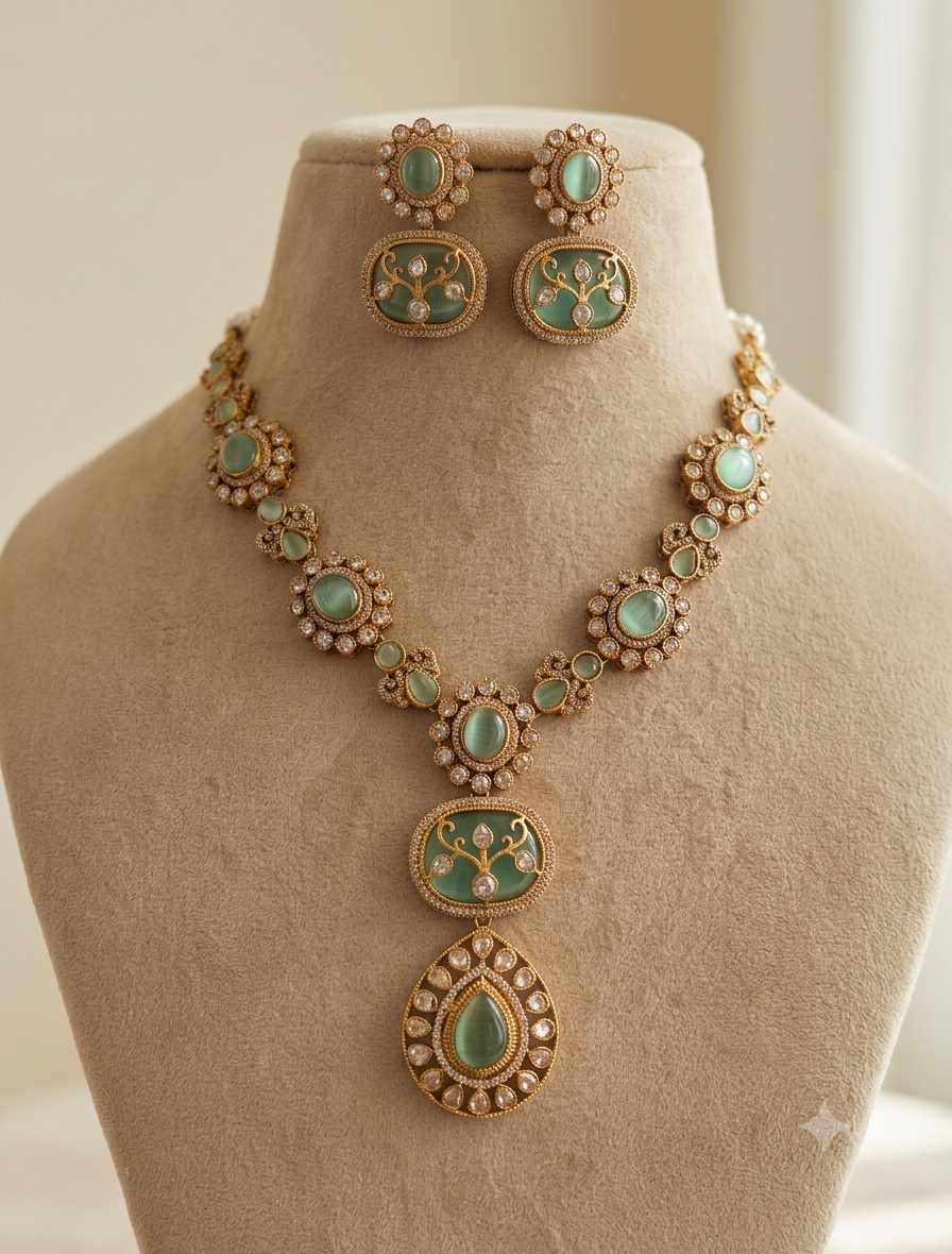 Hadiya Indian Mint Green Stone Necklace Set with Antique Gold Finish Roz Jewellers.
