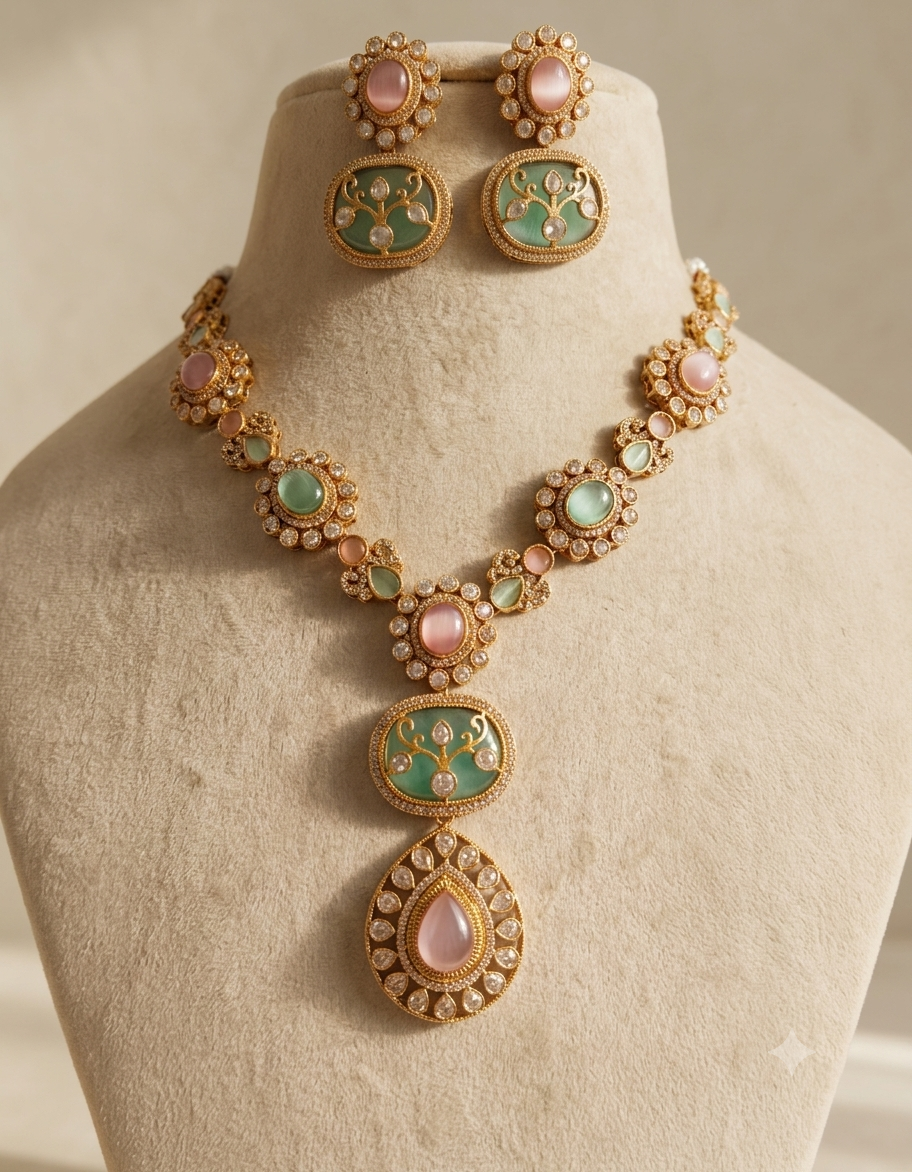 Liyana Pakistani Blush Pink and Mint Green Pastel Necklace Set Roz Jewellers.