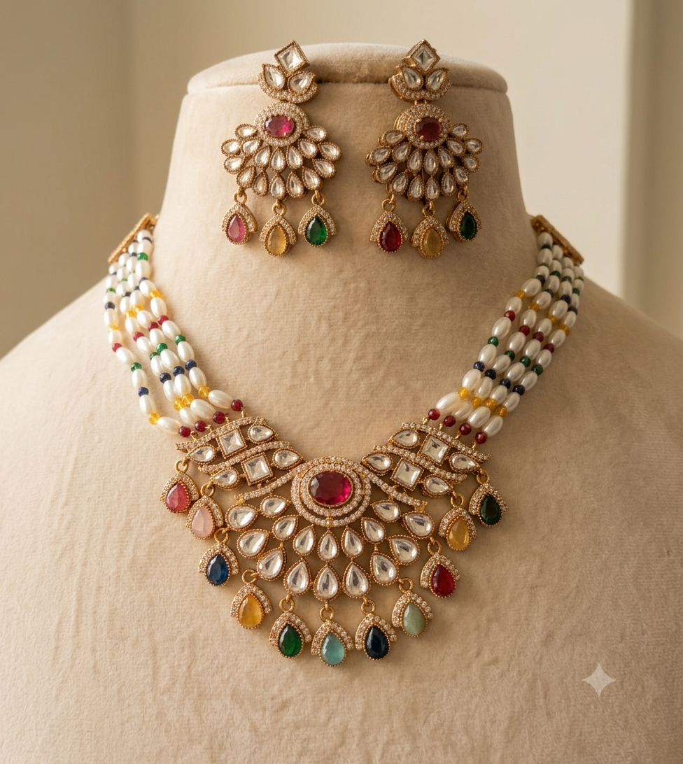 Layla Bollywood New Kundan Moissanite Stone Necklace Earrings Jewelry Party Wear Bridal Set Roz Jewellers