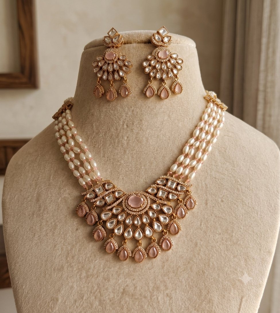 Rimsha Pakistani Bridal  Kundan Moissanite Stone Necklace Earrings Jewelry Party Wear Bridal Set Roz Jewellers