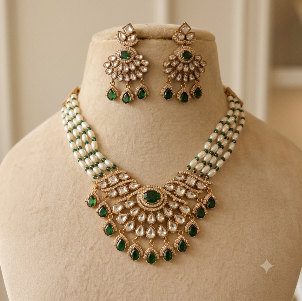 Zoya Wedding Jewelry  Kundan Moissanite Stone Necklace Earrings Jewelry Party Wear Bridal Set Roz Jewellers