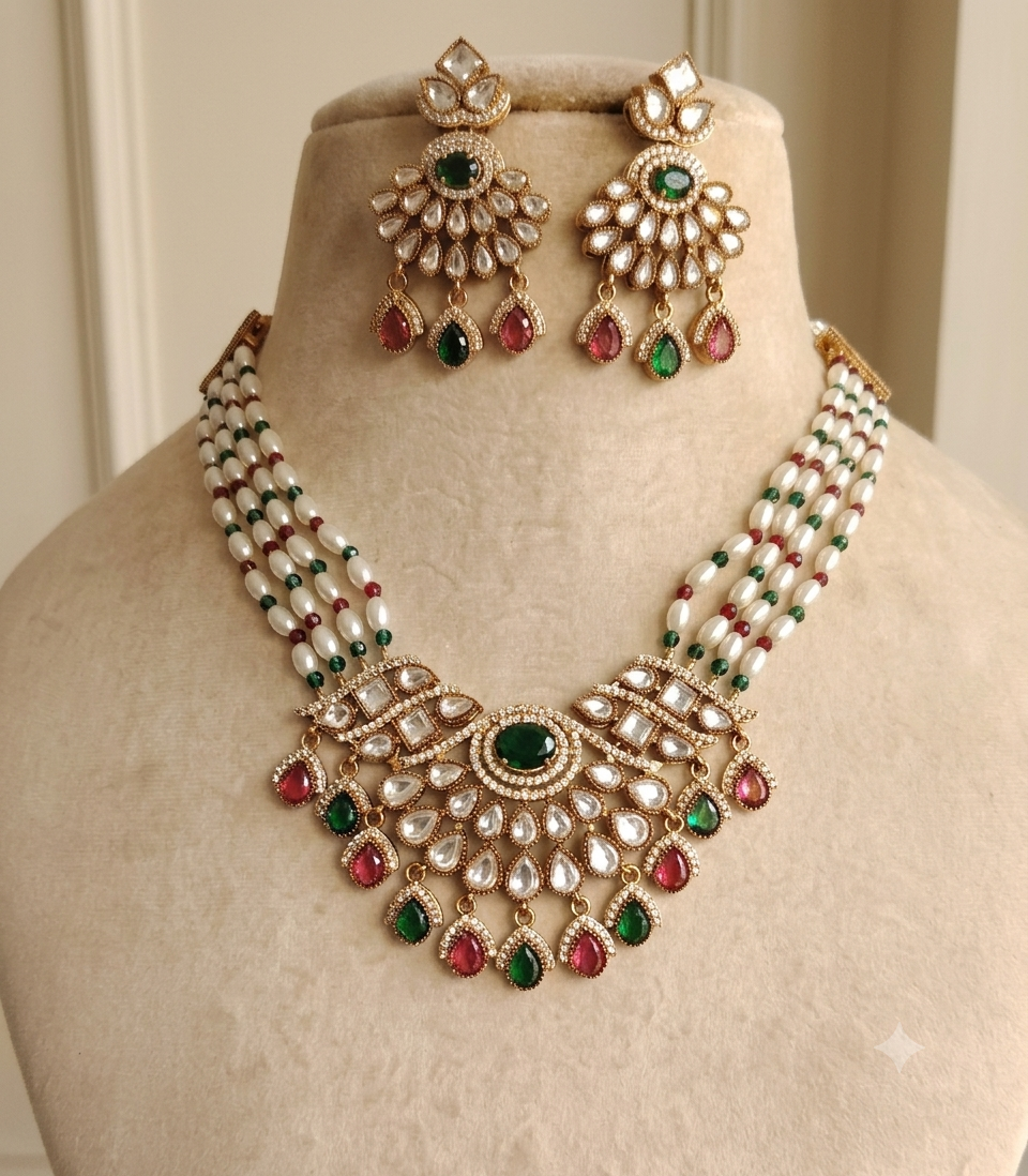 Zunaira Bollywood New Kundan Moissanite Stone Necklace Earrings Jewelry Party Wear Bridal Set Roz Jewellers