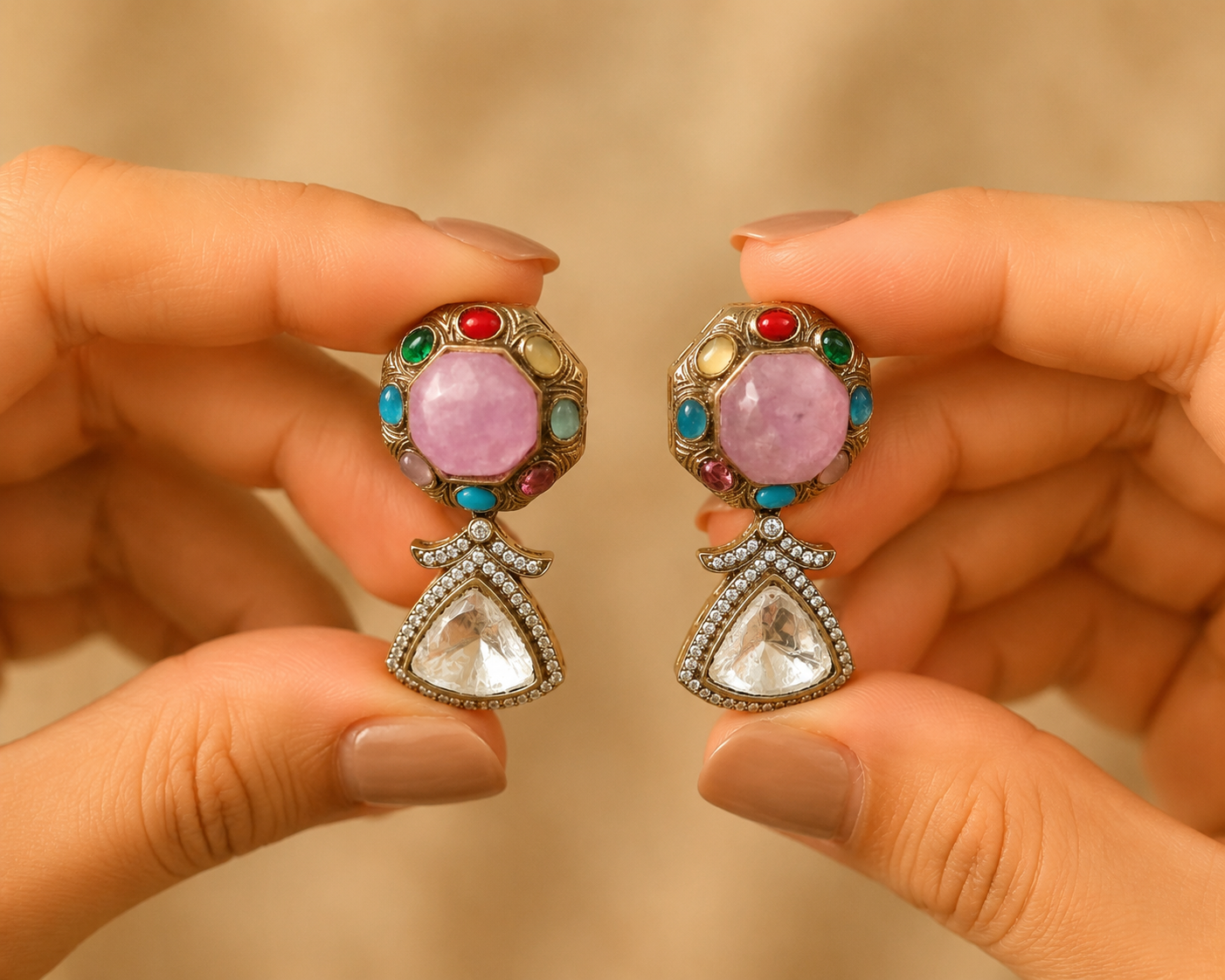 Luxury Lavender Pink Designer Kundan Earrings Multi Gemstone Gold Tone Roz Jewellers.