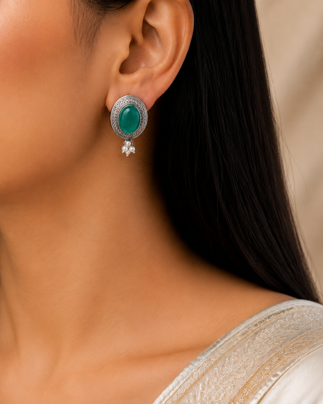 Emerald Glow Oxidized Silver Stud Kundan Earrings with Pearl Drops Roz Jewellers.