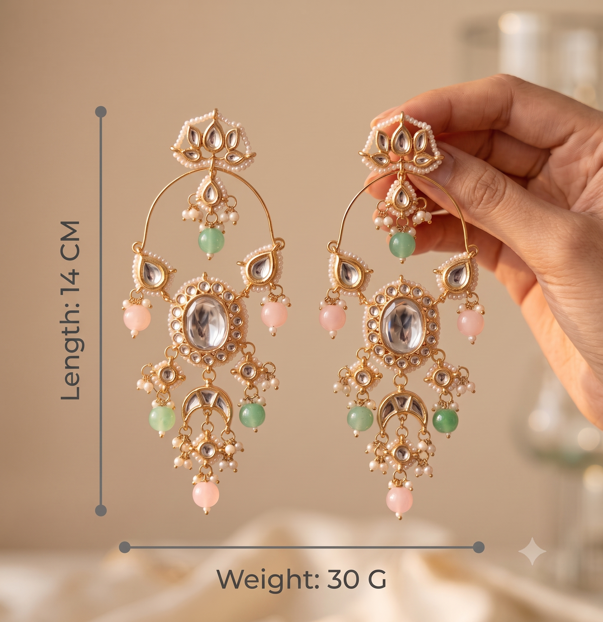 Statement Blush Pink, MInt Green Chandbali Earrin Kundan Indian Ethnic Jewellery Roz Jewellers.