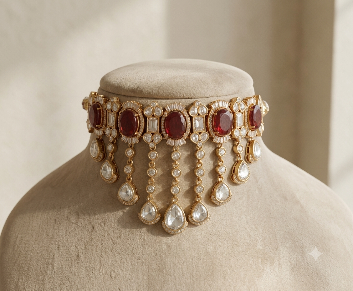 Eiliyah Indian Wedding Ruby Red Kundan Choker Necklace Set Roz Jewellers.