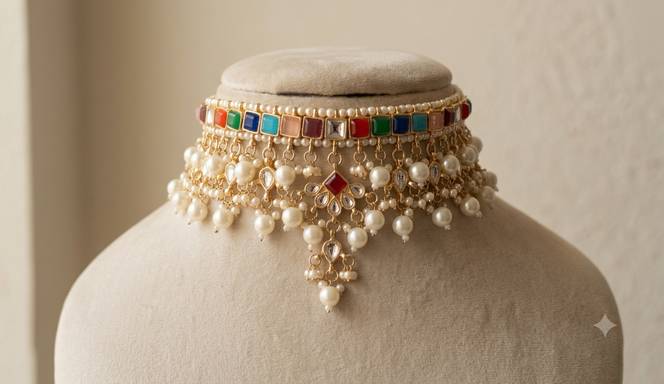 Muneza Multicolour Kundan Pearl Bridal Choker Necklace Set Roz Jewellers.