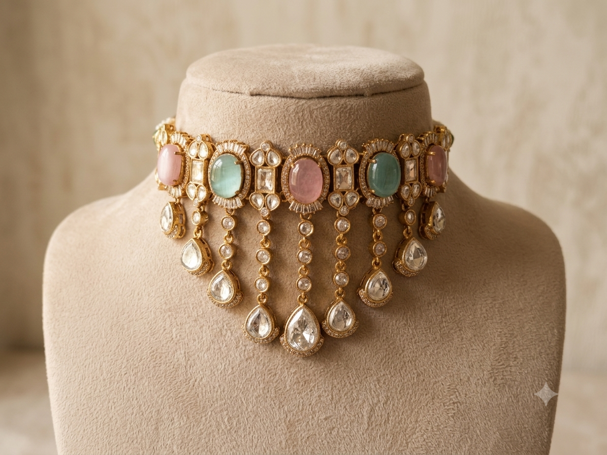 Tasneem Pakistani Wedding Jewelry Kundan Choker Necklace Set with Matching Earrings ROZ Jewellers.