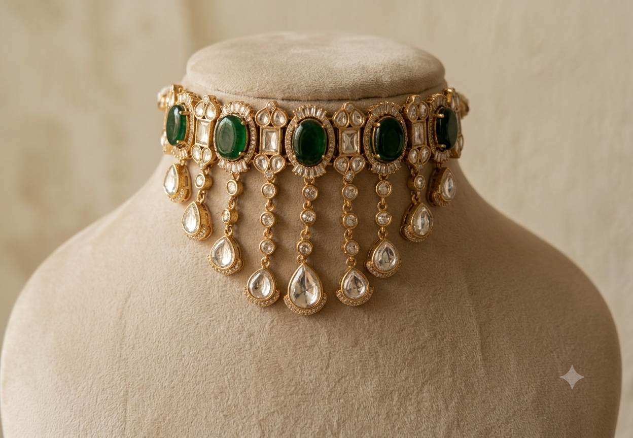 Firdaus Pakistani Wedding Jewelry Kundan Choker Necklace Set with Matching Earrings ROZ Jewellers.