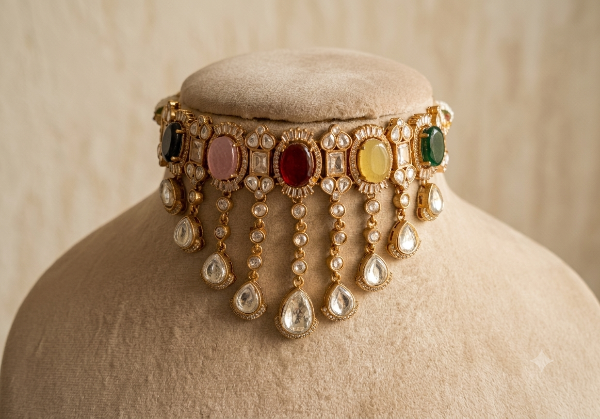 Areej Multicolor Kundan Choker with Teardrop Dangling Stones Roz Jewellers.
