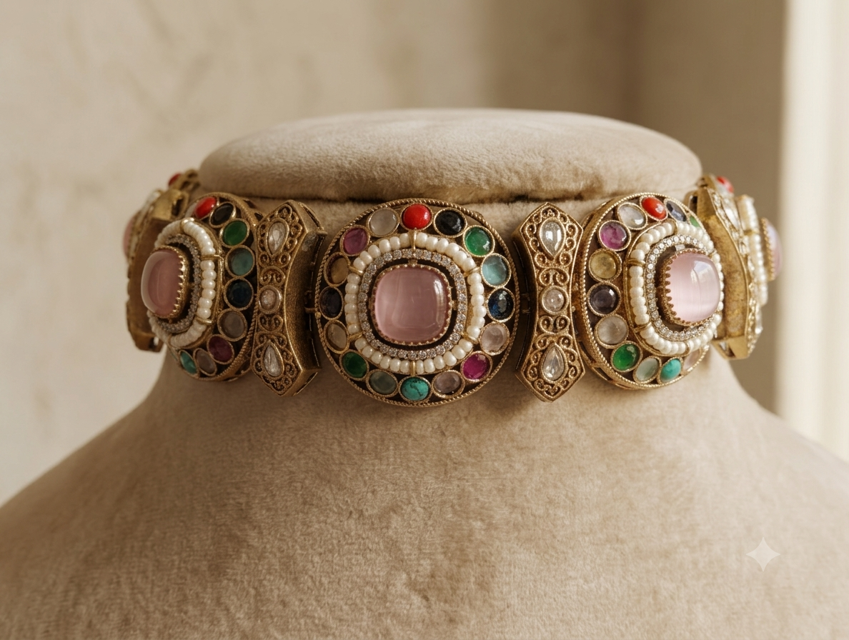 Mehrein Traditional Pink Stone Royal Heritage Kundan Choker Set Roz Jewellers.
