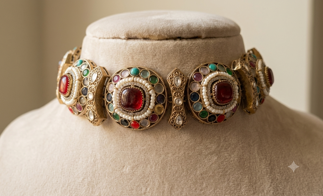 Mishal Reception Jewellery Ruby Red Statement Kundan Choker Set Roz Jewellers.