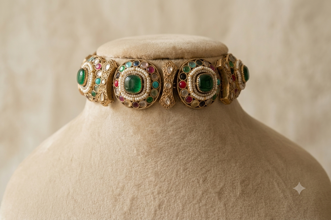 Nafisa Pakistani Emerald Green Royal Kundan Choker Set Roz Jewellers.