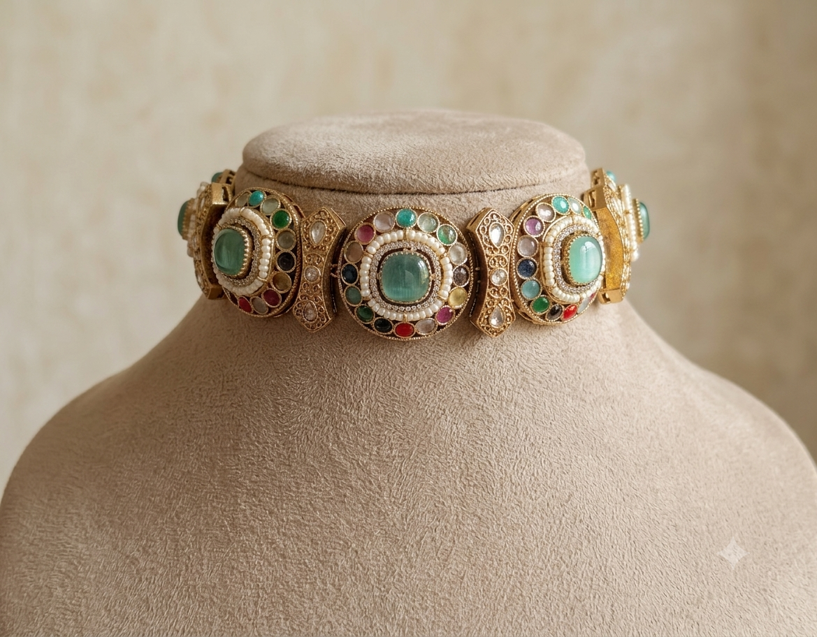 Maheen Handcrafted Mint Green Heritage Necklace Kundan Choker Set Roz Jewellers.