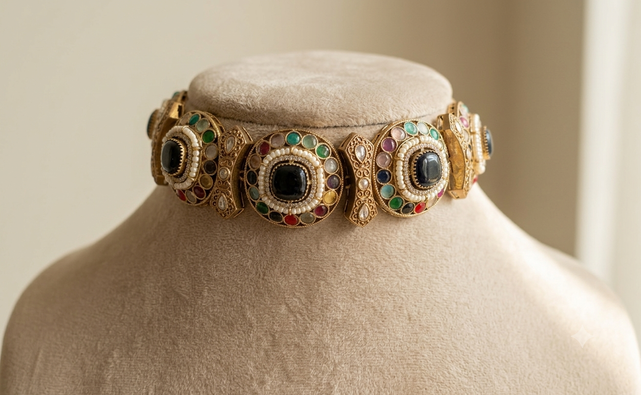 Haneen Bridal Black Stone Heritage Statement Kundan Choker Set Roz Jwellers.