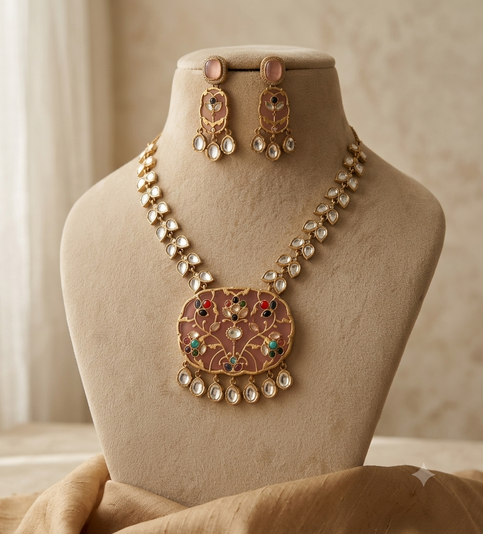 Mahveen Blush Pink Floral Kundan Inlay Necklace Set Roz Jewellers.