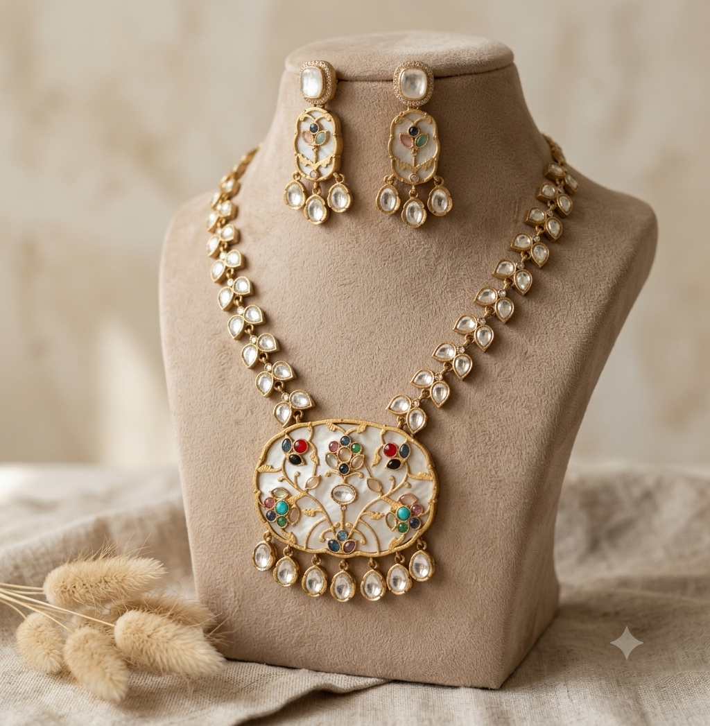 Zimal White Heritage Kundan Inlay Necklace Set Roz Jewellers.
