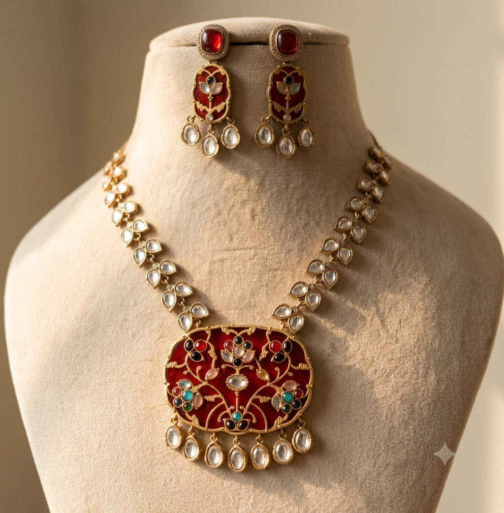 Meherunisa Royal Ruby Red Kundan Inlay Necklace Set Roz Jewellers.