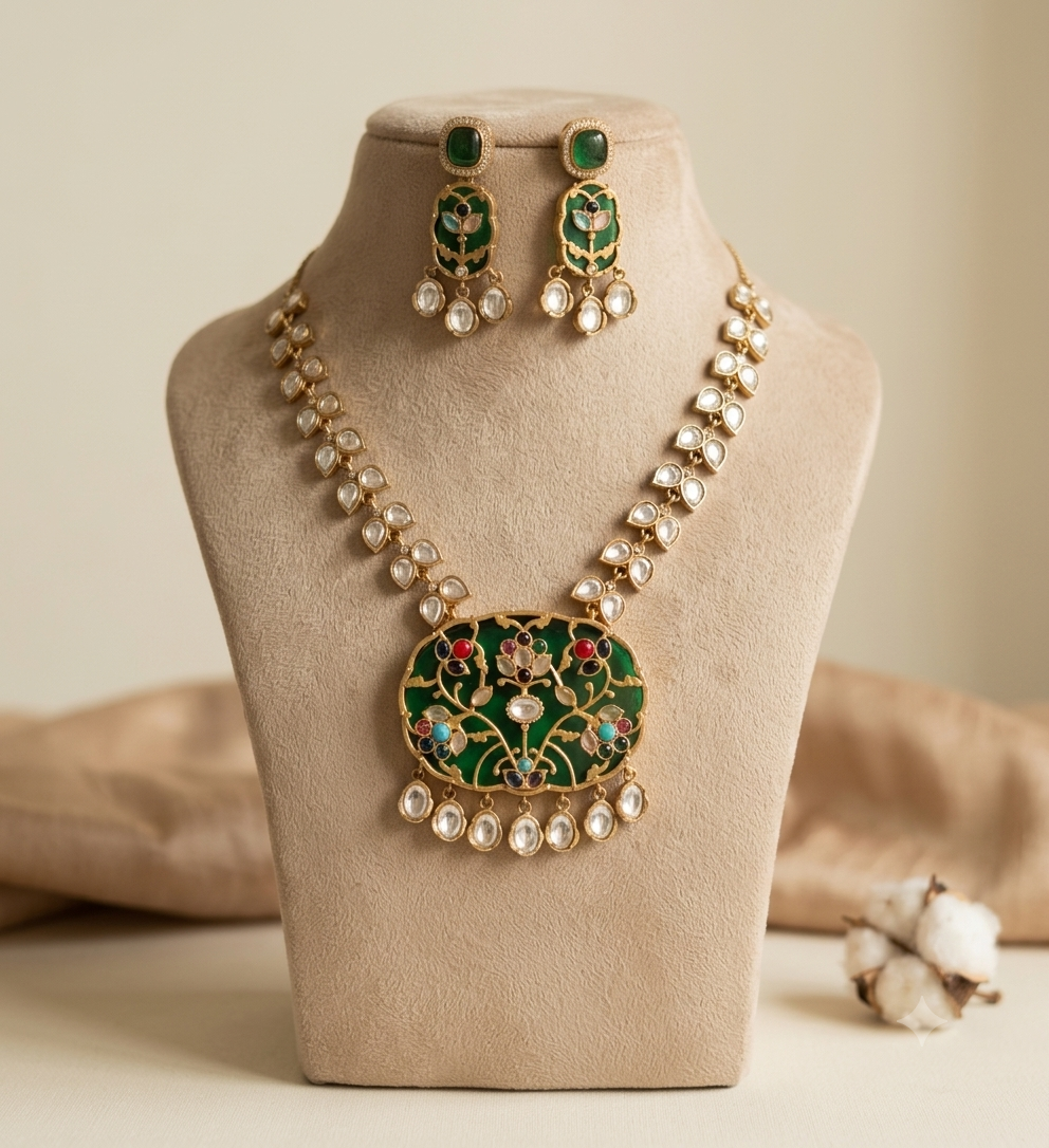 Raneem Emerald Green Royal Kundan Inlay Necklace Set Roz Jewellers.