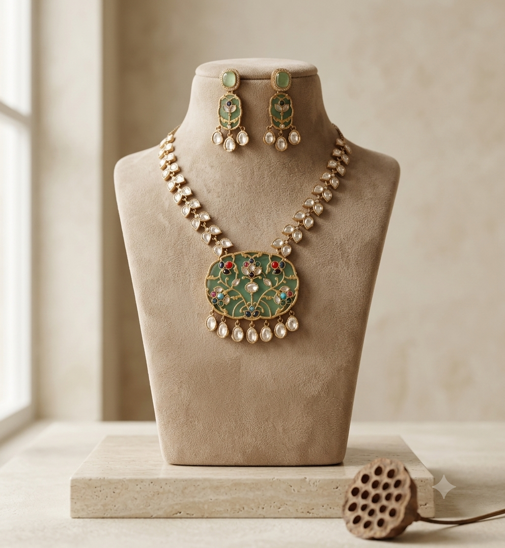 Salsabeel Pakistani Mint Green Kundan Inlay Necklace Set Roz Jewellers.