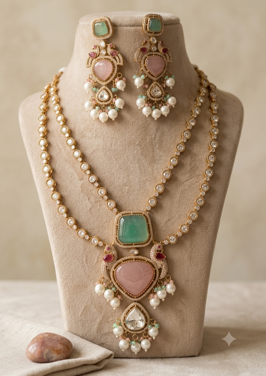 Tasneem Pastel Pink Mint Green Kundan Necklace with Pearl Drops Roz Jewellers.